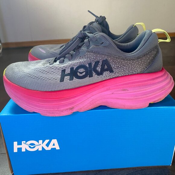 Women's Hoka Bondi 8 Castlerock/Strawberry Mesh Size 6 EUC - Picture 2 of 8